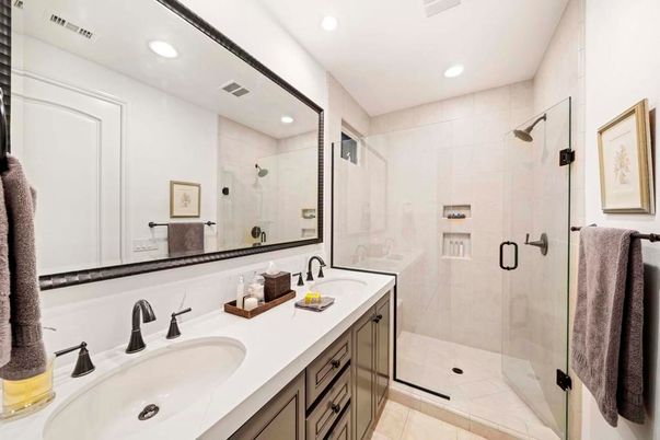 Bathroom, Dual Sink Vanities, Glass Shower, Interior, Recessed Lighting