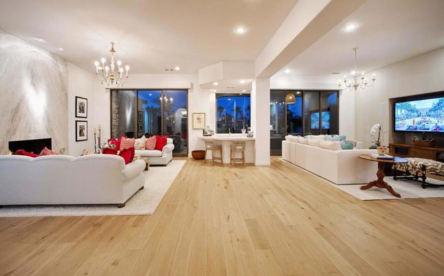 Chandelier, Fireplace, Interior, Living room, Pendant Lights, Recessed Lighting, Wood Texture Flooring