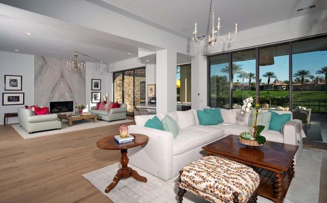 Chandelier, Fireplace, Interior, Living room, Marble Walls, Recessed Lighting, Wood Texture Flooring