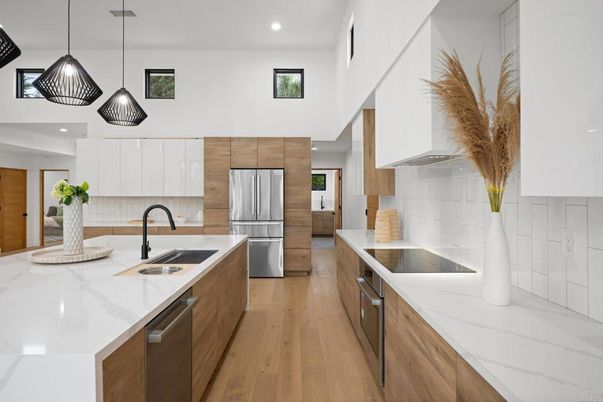 Interior, Kitchen, Pendant Lights, Recessed Lighting, Stainless Steel Appliances, Wood Texture Flooring