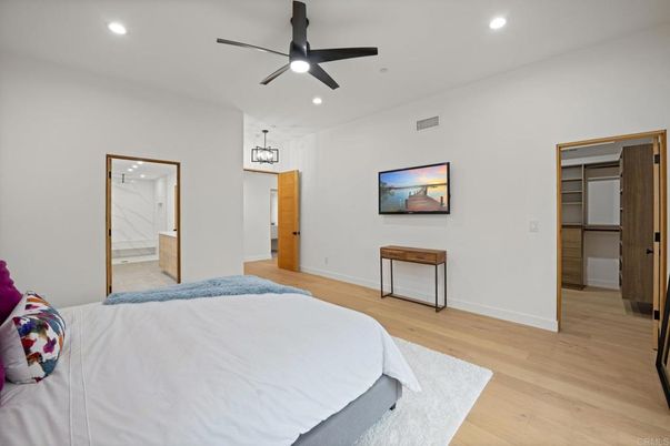Bedroom, Interior, Recessed Lighting, Wood Texture Flooring