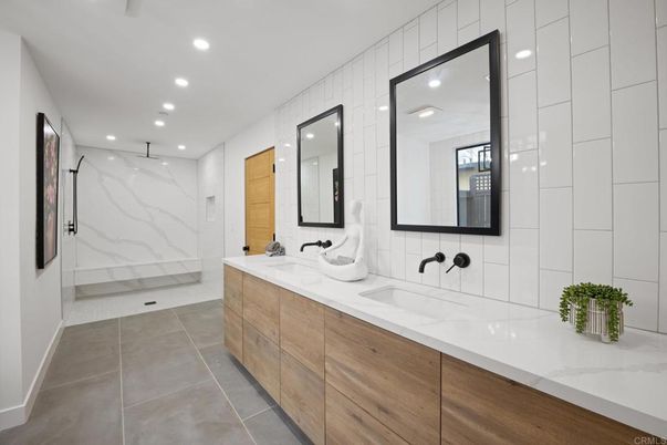 Bathroom, Dual Sink Vanities, Interior, Marble Walls, Recessed Lighting