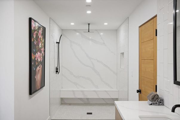 Bathroom, Glass Shower, Interior, Marble Walls, Recessed Lighting
