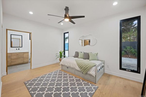 Bedroom, Interior, Recessed Lighting, Wood Texture Flooring