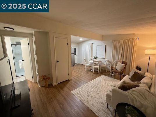 Dining room, Interior, Living room, Recessed Lighting, Wood Texture Flooring