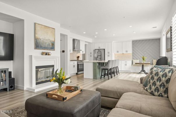 Fireplace, Interior, Kitchen, Living room, Recessed Lighting, Wood Texture Flooring