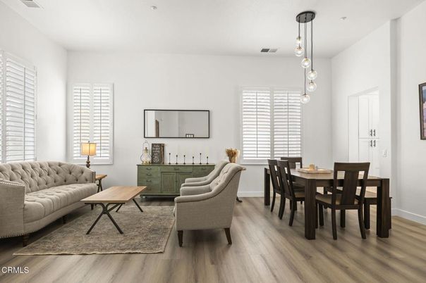 Dining room, Interior, Living room, Pendant Lights, Wood Texture Flooring