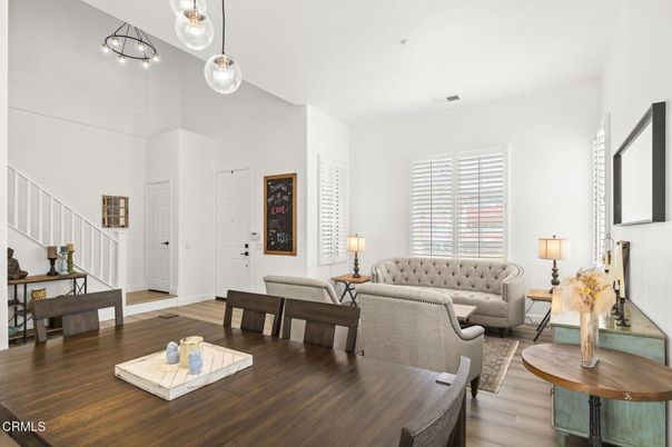 Dining room, Interior, Living room, Pendant Lights, Wood Texture Flooring