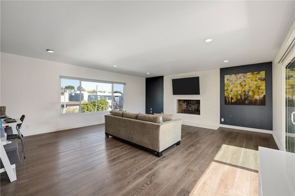 Fireplace, Interior, Living room, Recessed Lighting, Wood Texture Flooring