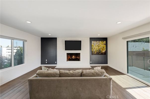 Fireplace, Interior, Living room, Recessed Lighting, Wood Texture Flooring