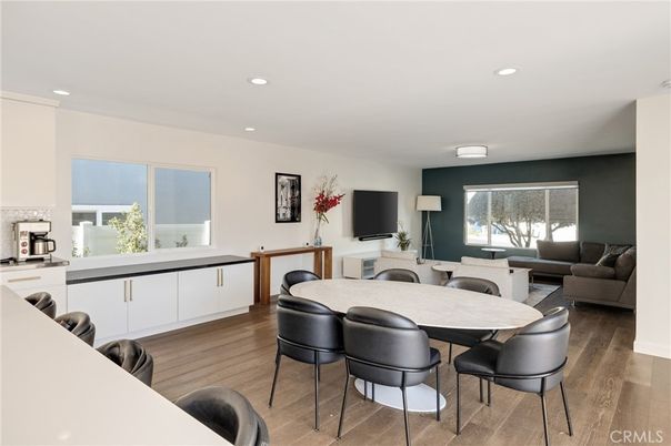 Dining room, Interior, Living room, Recessed Lighting, Wood Texture Flooring