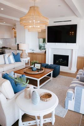 Chandelier, Fireplace, Interior, Kitchen, Living room, Pendant Lights, Recessed Lighting, Wood Texture Flooring