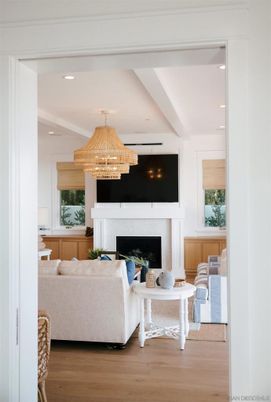 Chandelier, Fireplace, Interior, Living room, Recessed Lighting, Wood Texture Flooring