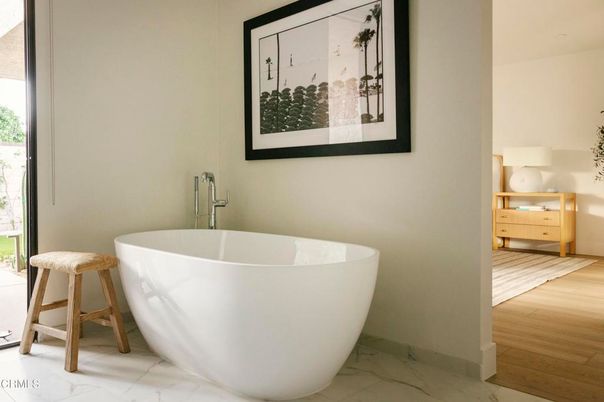 Bathroom, Free Standing Baths, Interior, Marble, Wood Texture Flooring