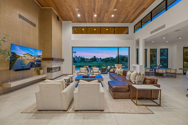 Dining room, Fireplace, Interior, Living room, Recessed Lighting, Wooden Ceilings