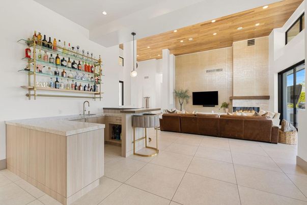 Fireplace, Interior, Living room, Pendant Lights, Recessed Lighting, Wooden Ceilings