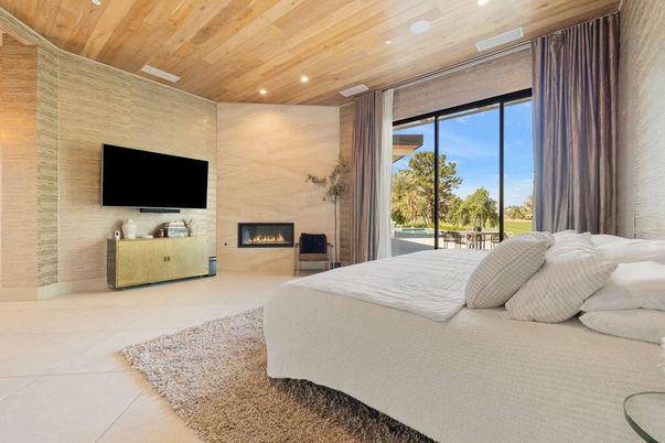 Bedroom, Fireplace, Interior, Living room, Recessed Lighting, Wooden Ceilings