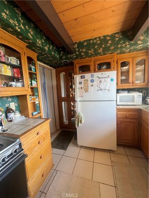 Interior, Kitchen, Tile Countertops, Wooden Ceilings