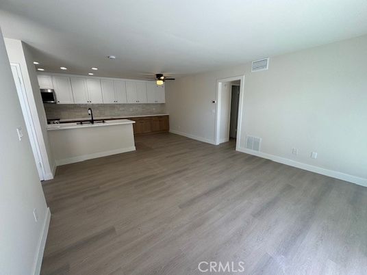 Empty room, Interior, Kitchen, Recessed Lighting, Wood Texture Flooring
