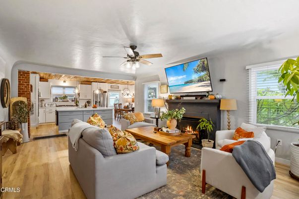 Dining room, Fireplace, Interior, Kitchen, Living room, Pendant Lights, Stone Walls, Wood Texture Flooring