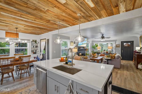 Dining room, Interior, Kitchen, Living room, Pendant Lights, Wooden Ceilings, Wood Texture Flooring