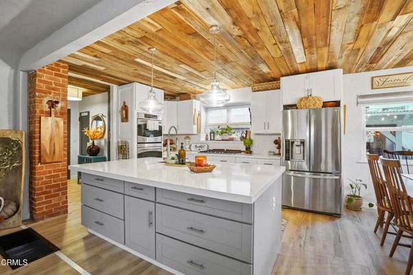 Interior, Kitchen, Pendant Lights, Stainless Steel Appliances, Stone Walls, Wooden Ceilings, Wood Texture Flooring