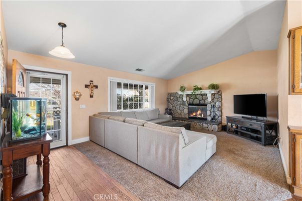 Fireplace, Interior, Living room, Pendant Lights, Wood Texture Flooring