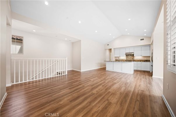 Empty room, Interior, Kitchen, Recessed Lighting, Wood Texture Flooring