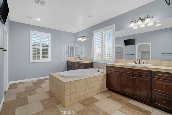 Bathroom, Dual Sink Vanities, Interior, Recessed Lighting, Tile Countertops
