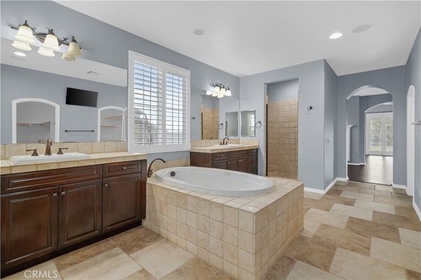 Bathroom, Dual Sink Vanities, Interior, Recessed Lighting, Tile Countertops