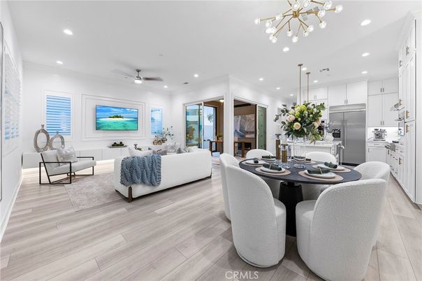 Dining room, Interior, Kitchen, Living room, Pendant Lights, Recessed Lighting, Stainless Steel Appliances, Wood Texture Flooring
