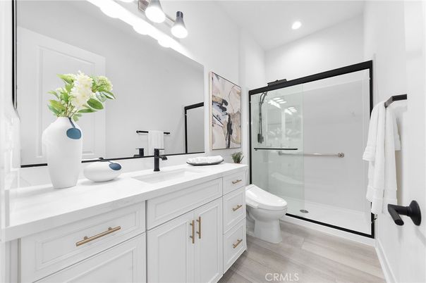 Bathroom, Glass Shower, Interior, Recessed Lighting, Wood Texture Flooring