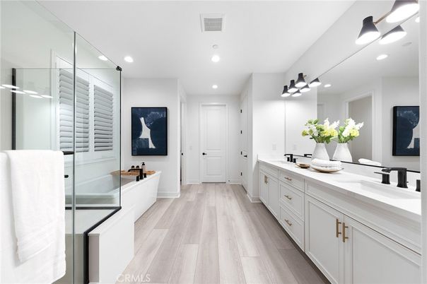Bathroom, Dual Sink Vanities, Interior, Recessed Lighting, Wood Texture Flooring