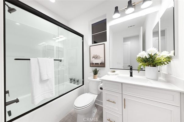Bathroom, Glass Shower, Interior, Recessed Lighting, Wood Texture Flooring