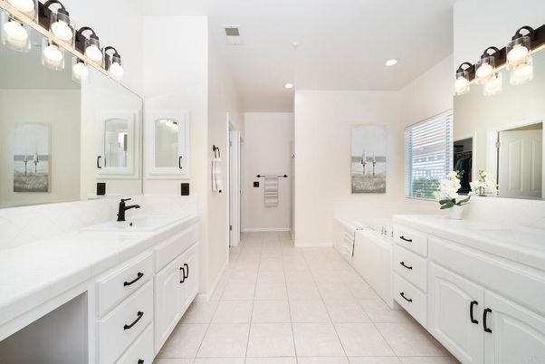 Bathroom, Dual Sink Vanities, Interior, Recessed Lighting, Tile Countertops