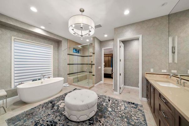 Bathroom, Dual Sink Vanities, Free Standing Baths, Glass Shower, Interior, Pendant Lights, Recessed Lighting
