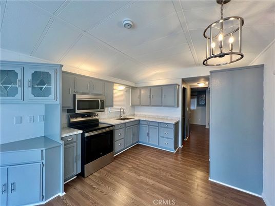 Interior, Kitchen, Pendant Lights, Stainless Steel Appliances, Wood Texture Flooring