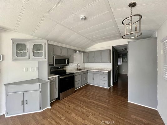 Interior, Kitchen, Pendant Lights, Stainless Steel Appliances, Wood Texture Flooring