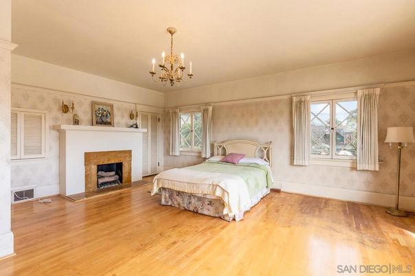 Bedroom, Chandelier, Fireplace, Interior, Wood Texture Flooring