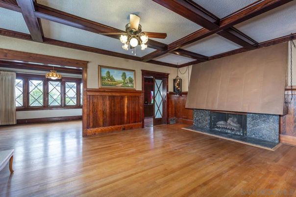 Empty room, Fireplace, Interior, Wooden Beams, Wood Texture Flooring