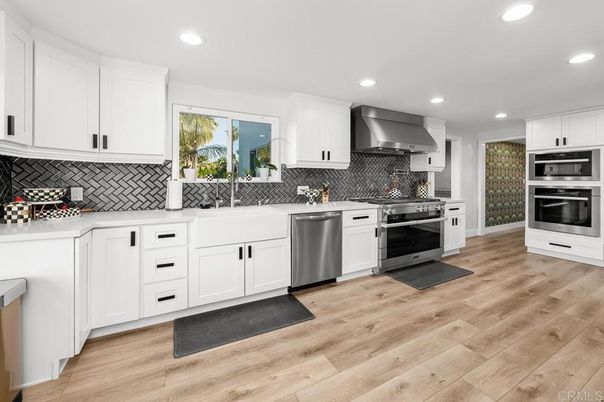 Interior, Kitchen, Recessed Lighting, Stainless Steel Appliances, Wood Texture Flooring