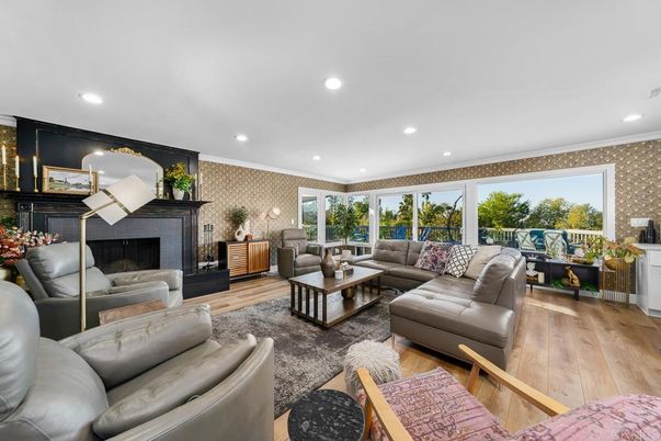 Fireplace, Interior, Living room, Recessed Lighting, Wood Texture Flooring