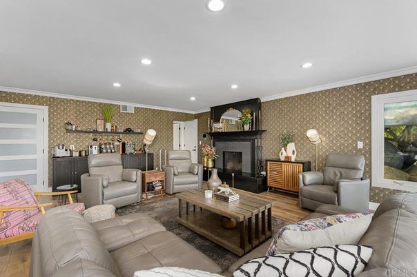 Fireplace, Interior, Living room, Recessed Lighting, Wood Texture Flooring