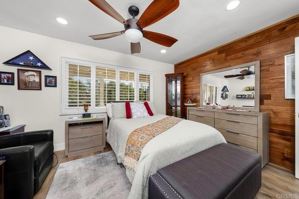Bedroom, Interior, Recessed Lighting, Wood Texture Flooring, Wooden Walls