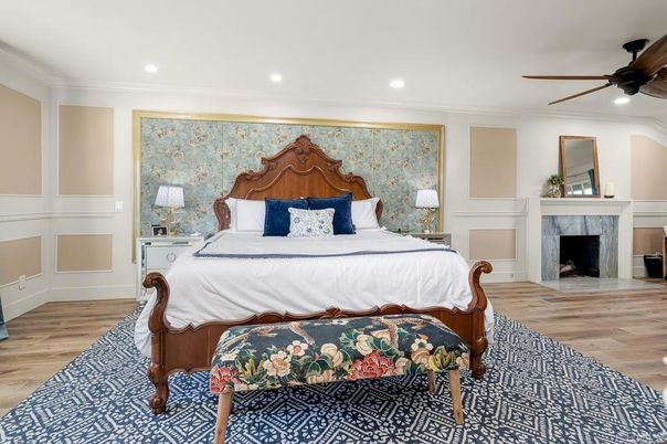Bedroom, Fireplace, Interior, Recessed Lighting, Wood Texture Flooring
