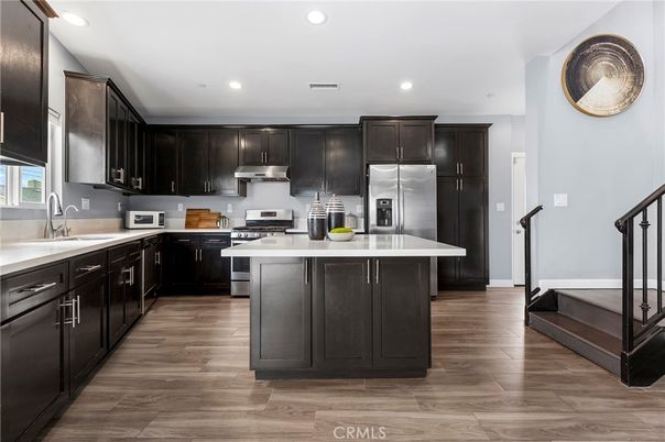 Interior, Kitchen, Recessed Lighting, Stainless Steel Appliances, Wood Texture Flooring