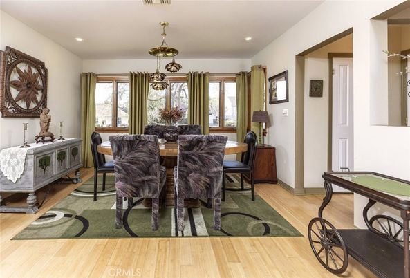 Dining room, Interior, Pendant Lights, Recessed Lighting, Wood Texture Flooring