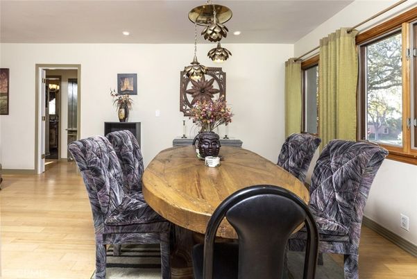 Dining room, Interior, Pendant Lights, Recessed Lighting, Wood Texture Flooring