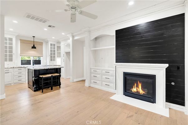 Fireplace, Interior, Pendant Lights, Recessed Lighting, Wood Texture Flooring