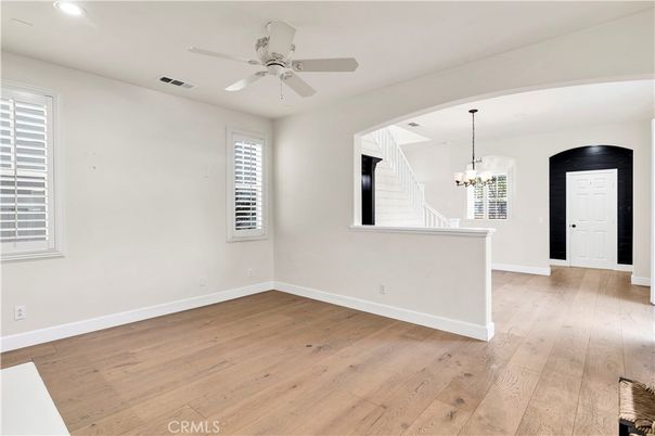 Chandelier, Empty room, Interior, Recessed Lighting, Wood Texture Flooring
